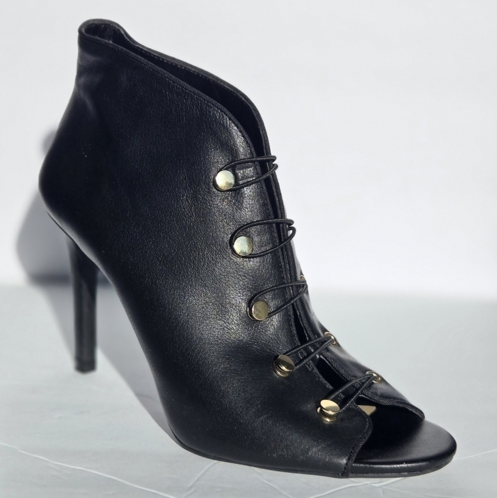 Enzo Angiolini Black Heeled Boots with Gold Accents. Size 8 - 38